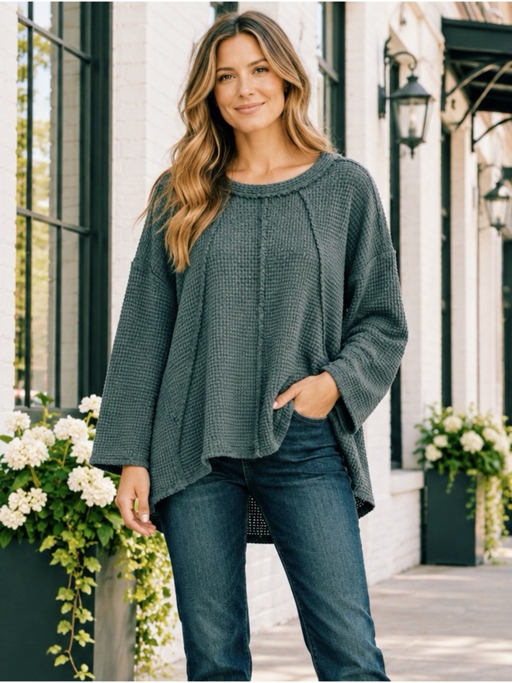 NEW Umgee Dark Teal Thermal Lightweight Oversize Super Comfy Fall T-Shirt Shirt